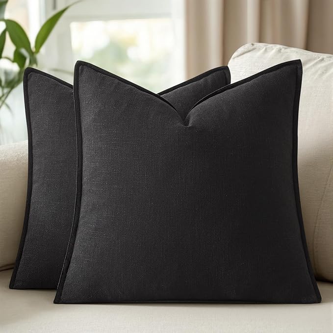 Woaboy 26x26 Inch Euro Sham Set of 2 Decorative Linen Solid Throw Pillow Covers Boho Accent Farmhouse Couch Pillowcases Modern Netural Home Decor for Bed Couch Sofa Living Room,Black