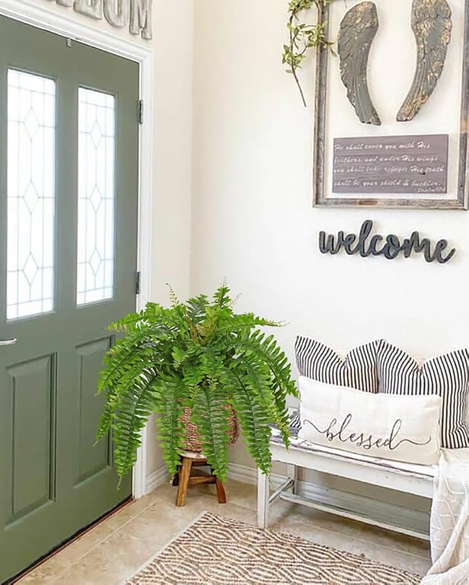Hollyone Artificial Fern Plants in Pot 25.5" Artificial Boston Fern 31 Leaves for Outdoors & Indoor Faux Potted Plant Fake Ferns Bush Plant for Patio Garden Farmhouse Porch Home Decor Green