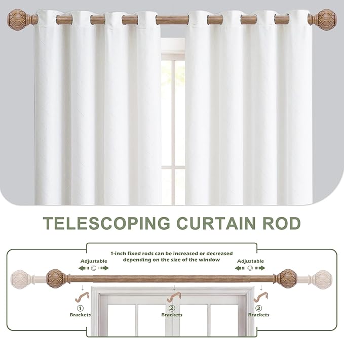2 Pack Wood Curtain Rods 66 to 120 Inch,1 Inch Adjustable Long Curtain Rod,Netted Texture Window Curtains Rods,Farmhouse Heavy Duty Brown Wood Grain Decorative Drapery Poles 66-120"