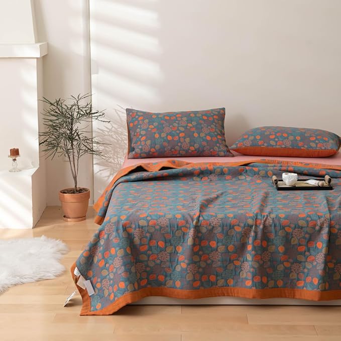 100% Cotton Jacquard Quilt Rustic Floral Leaves Print,Soft Muslin Bed Cover 3 Layers Reversible Bedspread Coverlet Breathable Lightweight Bedding,Full/Queen(78"x94"), No Pillow Sham