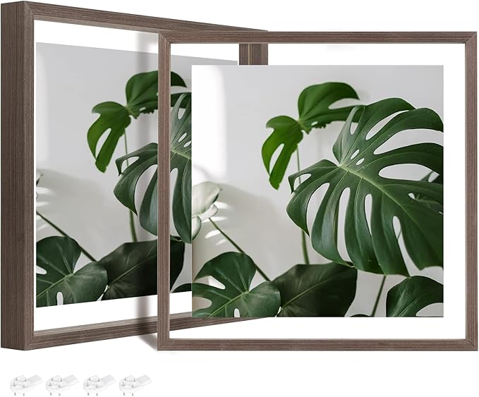 Egofine 12x12 Floating Frames Set of 2, Double Plexiglass Picture Frame, Made of Solid Wood Display Any Size Photo up to 12x12, Wall Mount or Tabletop Standing,Brown