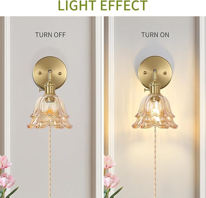 Vintage Plug in Wall Sconces Set of 2, Rose Amber Lampshade & 180 Degree Adjustable, Brass Wall Lights, for Bedroom Living Room Hallway Aisle, Bulbs Not Included, ETL Listed