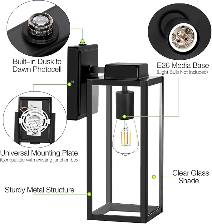 hykolity Large Outdoor Wall Light, 16 Inch Lantern, Dusk to Dawn Exterior Waterproof Sconce, Anti-Rust Mounted Lighting with Glass Shade, Matte Black Lamp with E26 Socket for Porch, 2 Pack