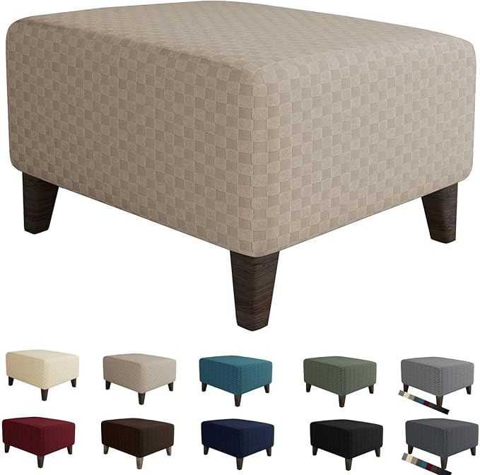 MAXIJIN Jacquard Ottoman Cover Slipcovers Folding Storage Stool Furniture Protector Cover Soft Thick Rectangle Foot Rest Slipcover with Elastic Bottom (Ottoman X-Large, Khaki)