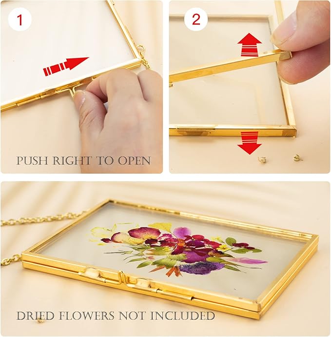 FOCHIER F 3 Pcs Pressed Flower Frames with Tweezers, Wall Hanging Double Glass Frames with Metal Chain for Pressed Dried Flowers Plants, Golden