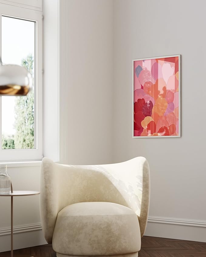 HAUS AND HUES Colorful Abstract Wall Art - Minimalist Retro Picture for Living Room Decor, Red and Pink Modern Wall Art Painting (Petals 1, White Frame, 24x36)