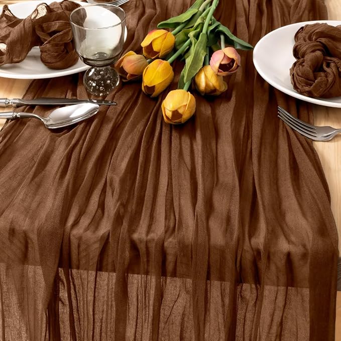 MLMC 3 Pack Brown Table Runner 10ft Boho Rustic Gauze Coffee Cheesecloth Table Runner Neutral Cheese Cloth Table Decor 35x120 Inches for Wedding Bridal Shower Reception Party Decor