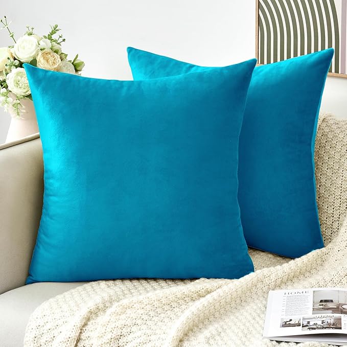 Throw Pillow Covers Decorative Velvet Set of 2 20x20 Inch Pillow Covers, Soft Teal Pillowcases for Couch Sofa Bed Living Room, Farmhouse Home Boho Decor, Square Accent Cushion Covers