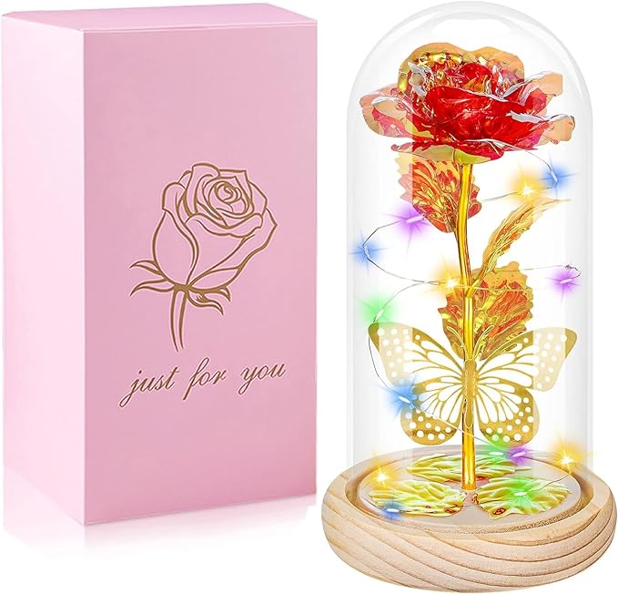 QUNPON Christmas Rose Gifts for Women,Flowers Womens Gifts for Mom,Sister,Grandma,Her,Wife,Birthday Gifts for Women,Galaxy Glass Red Butterfly Rose Gifts for Valentines Day,Wedding-LZ-Red