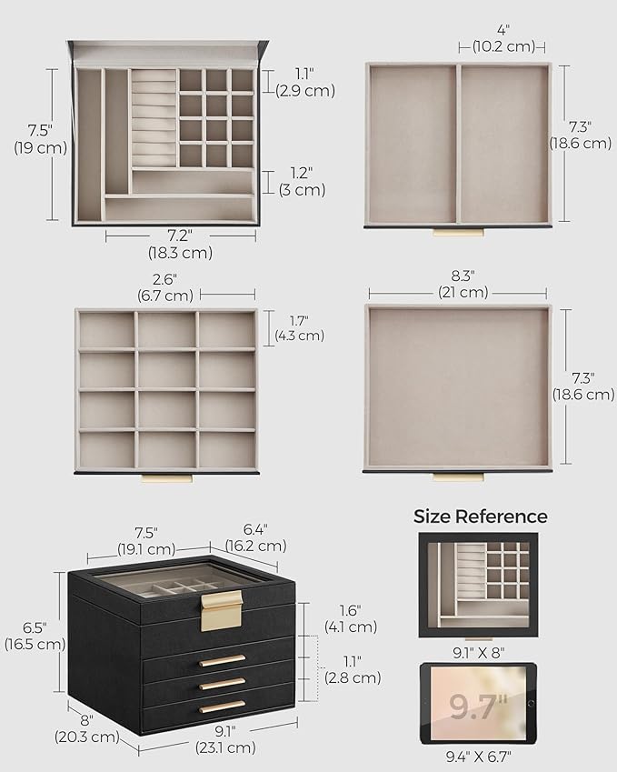SONGMICS GISELLA Collection - Jewelry Box Organizer, 4-Layer Jewelry Storage with 3 Drawers, Shiny Metal Hardware, Glass Lid, Modern, 8 x 9.1 x 6.5 Inches, Ink Black and Gold Color UJBC173B01