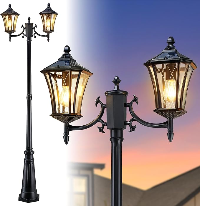 YSN 85" Solar Lamp Post Light, Dusk to Dawn Lamp Posts Outdoor Lighting, 2-Head Solar Pole Lights Outdoor Post Lights, Retro Black Exterior Pole Lantern, Waterproof Light Posts for Outside Garden Yard