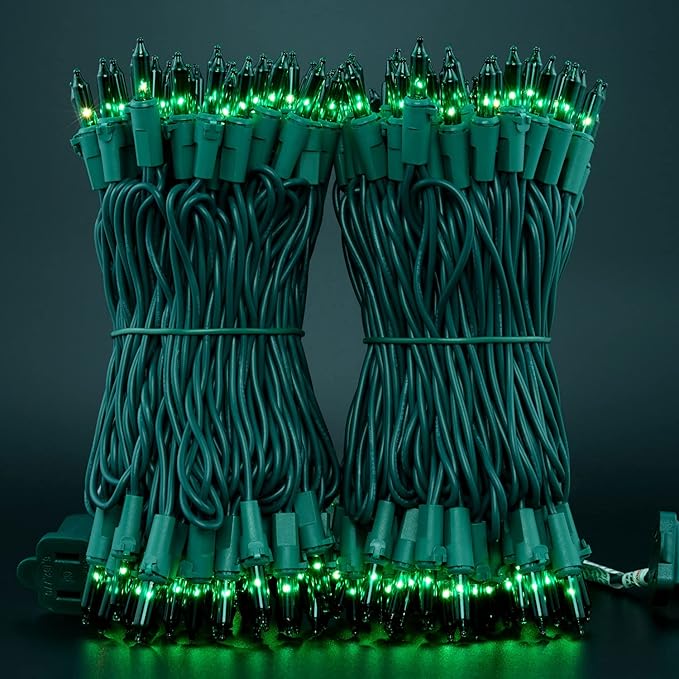 YULETIME 200 Green Christmas Lights, Pack of 2 Sets 33 Feet 100 Count UL Certified Incandescent String Lights (Green - Green Wire)