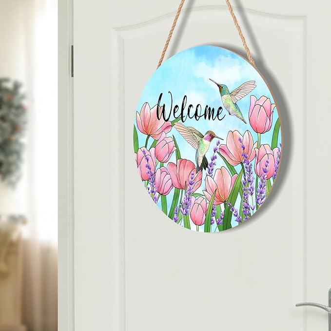 Welcome Spring Hummingbirds Sign for Front Door Decor Spring Floral Wood Door Hanger Sign Spring Summer Decorations Seasonal Farmhouse Wreath Wall Hanging Sign for Home Outdoor Outside Porch 12”x12”