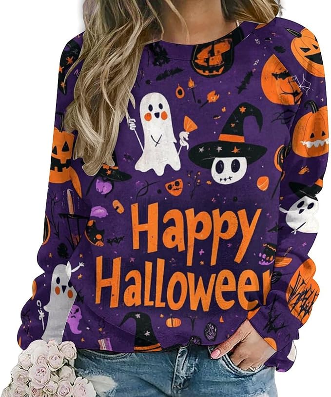 Halloween Sweatshirts for Women Funny and Spooky Print Crewneck Oversized Pullover Outdoor Lounge Fashion Sweater