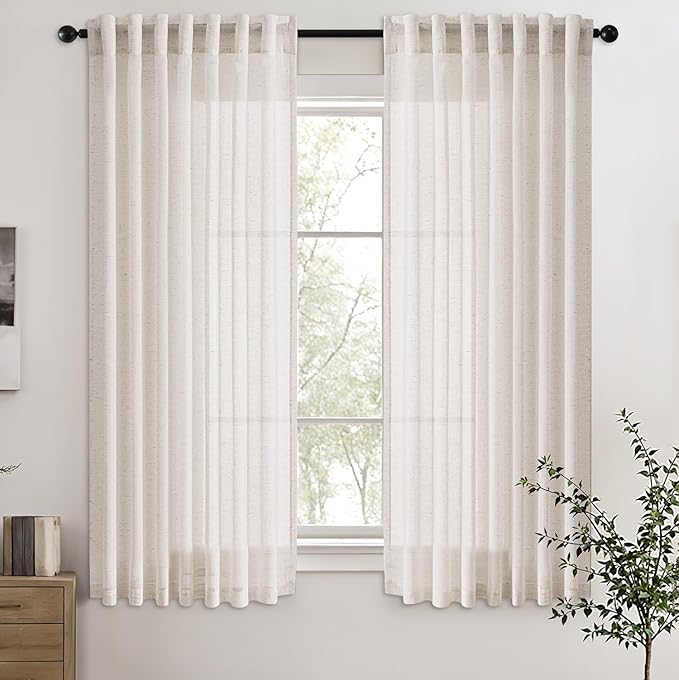Natural Linen Blend Short Kitchen Curtains 45 Inch Length 2 Panel Set Semi Sheer Light Filtering Back Tab Rod Pocket Drapes Cream Modern Farmhosue Small Curtains for Cafe Bathroom Living Room