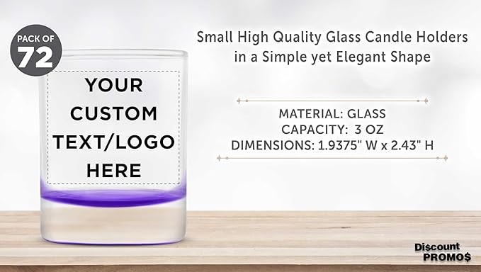 DISCOUNT PROMOS Custom Arc Votive Candle Holders 3 oz. Set of 72, Personalized Bulk Pack - Thick Base, Perfect for Wedding, Anniversary and Party Favors - Purple Bottom