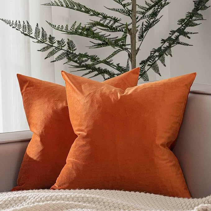 JUSPURBET Couch Pillow Covers Set of 2 Decorative Velvet Throw Pillow Covers Cases for Modern Farmhouse Home Decor Soft Cushion Covers Cases with Hidden Zipper for Sofa Bed 16x16 inch,Burnt Orange