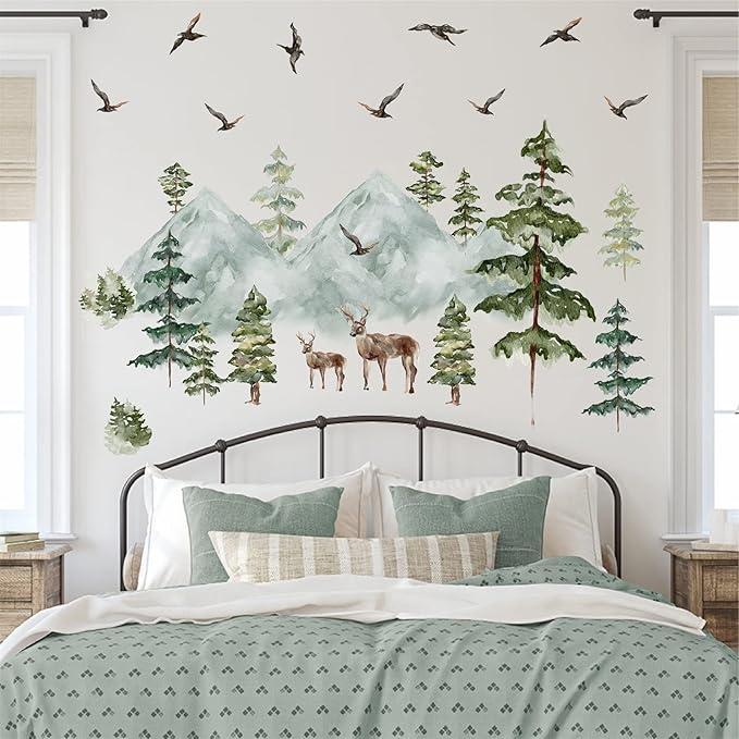 Mountain Wall Decals Large Pine Tree Wall Decals Peel and Stick Forest Tree Deer Birds Woodland Animal Decal Mountain Trees Stickers for Kids Room Nursery Decor