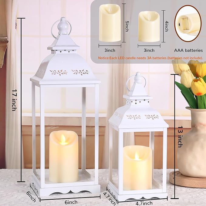 2 Pack Lanterns Decorative Indoor, White Farmhouse Outdoor Lantern for Porch, 17'' 12'' Floor Lantern Decor (no Glass) with 2PCS LED Flameless Candles for Wedding Home Table Front Door