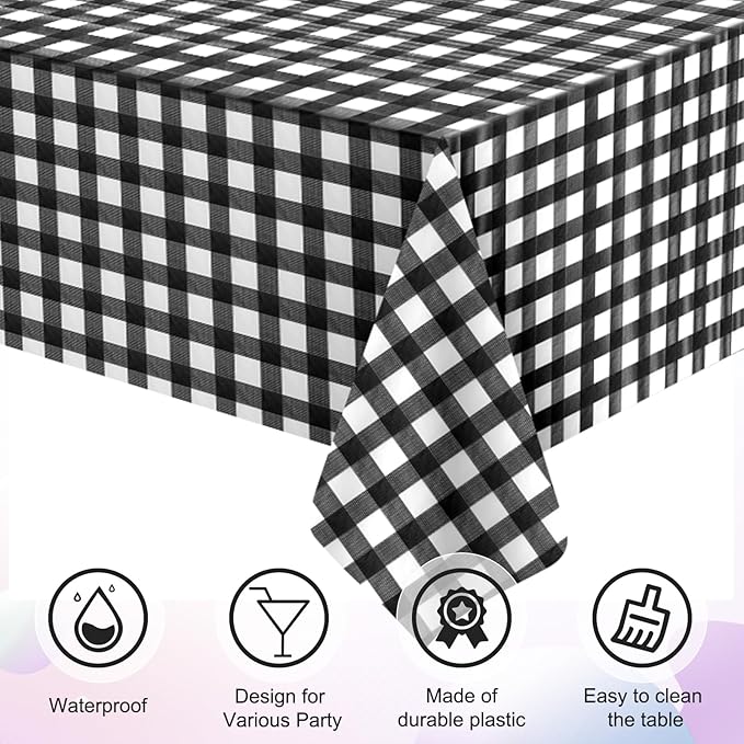 3Pcs Black and White Gingham Tablecloth Decorations, Disposable Plastic Black Checkered Tablecloth Buffalo Plaid Table Cover for Baby Shower Bridal Wedding Birthday Party Supplies,54 x 108 Inch