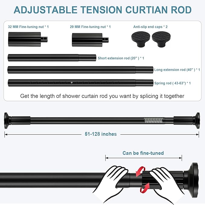 ZOCONE Tension Curtain Rod 51-128 In (4.25-10.5Ft), Shower Curtain Rod No Drilling for Bathroom, Outdoor Curtain Rods for Patio, Adjustable Spring Shower Rod Room Divider Closet Rod, Never Rust, Black