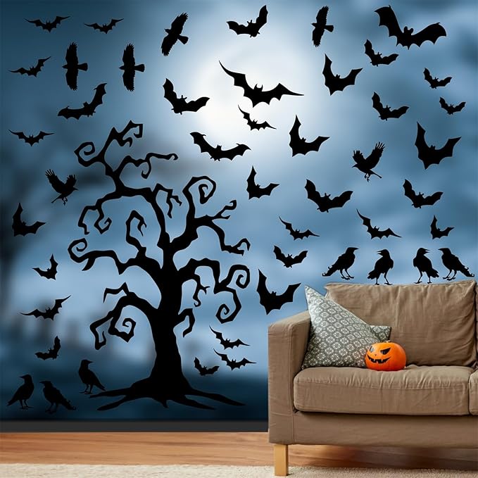 Giant Halloween Window Decals Bats Stickers Halloween Tree Window Stickers Halloweens Wall Decor Decals Peel and Stick Black Crow Branch Vinyl Sticker for Haunted House Party Supplies Windows Decor