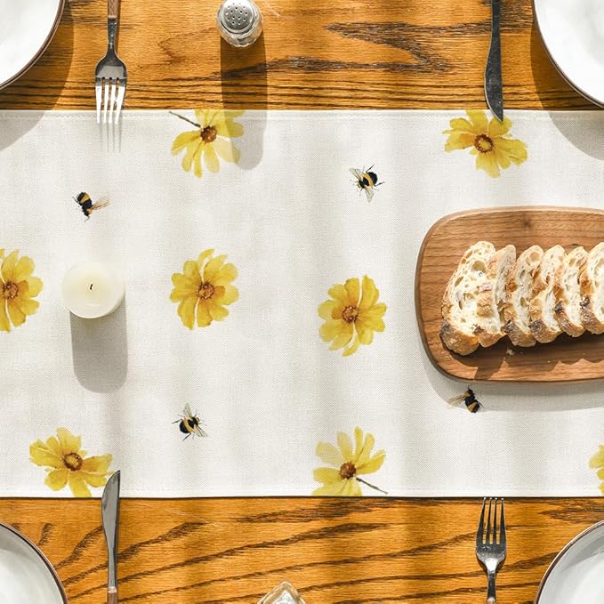 Artoid Mode Yellow Flowers Daisy Bees Summer Table Runner, Seasonal Easter Fall Holiday Kitchen Dining Table Decoration for Home Party Indoor 13x108 Inch