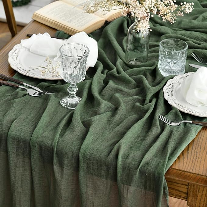 Artoid Mode Boho Cheesecloth Gauze Forest Green Wedding Table Runner, 120 Inch Seasonal Fabric Kitchen Dining Holiday Table Decor for Home Party Indoor
