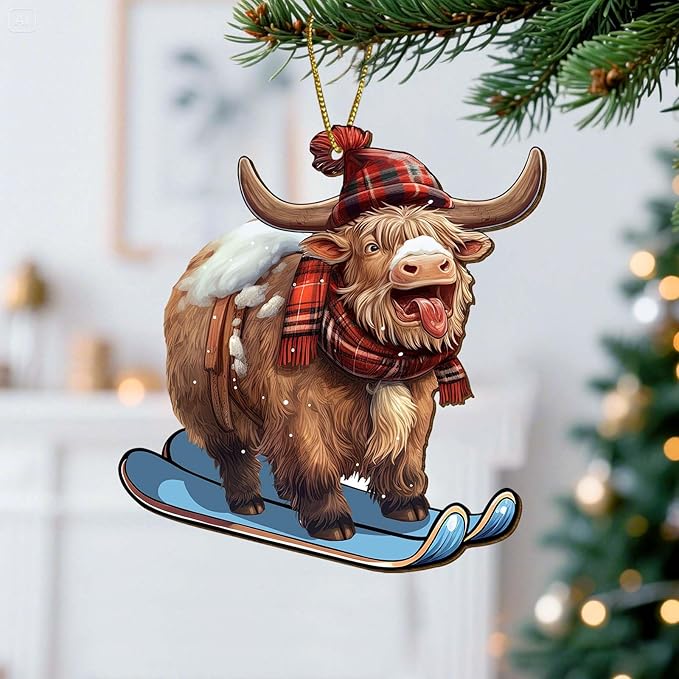 Santa Cow Christmas Tree Keepsake Ornaments, Funny Highland Cow Themed 2 Side Printed Flat Wooden Ornament, Xmas Hanging Decor