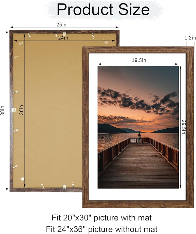 24x36 Poster Frame Set of 2, 24 x 36 Wood Picture Frames with Mat for 20x30, Wooden Photo Frame with Tempered Glass Cover for Wall Mounting Display, Rustic Brown