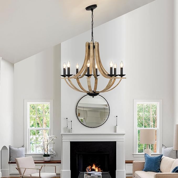 Farmhouse Chandeliers for Dining Room Light Fixture, 8-Light 28" Adjustable Height Retro Faux Wood Texture Rustic Light Fixtures for Living Room Bedroom Kitchen Island Foyer Entryway