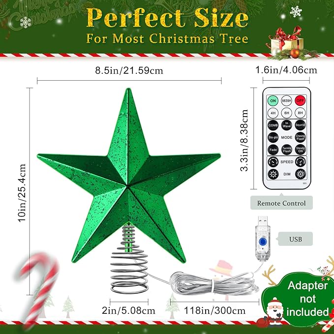 Green Christmas Tree Star Topper with Lights, 8.5-Inch Light-Up Christmas Tree Topper with Remote Control, 4 Brightness Levels & 8 Light Modes, Faux Mercury Glitter Design with 20 Lights