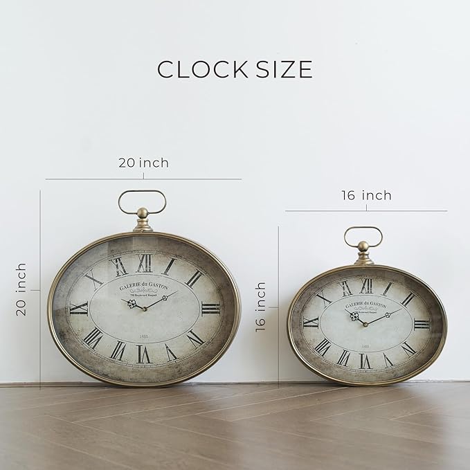 Vintage Decorative Wall Clock - 16 inch, Oval Pocket Watch Design, Retro Gold, Roman Numerals, Battery Operated, Large Antique Wall Clock for Living Room, Entryway, Kitchen, Bedroom, Bathroom, Office