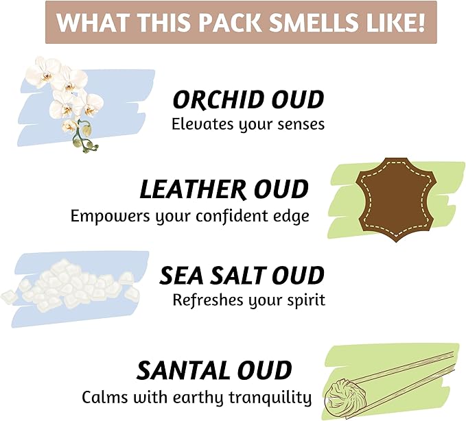 Folkulture Incense Stick with 60 Mins Burn Time for Gifting | Set of 4 (11") Organic Insenses | Pack of 100 Insence Sticks | Orchid, Leather Oud, Sea Salt, Santal Inciensos | Non Toxic Scented Insents