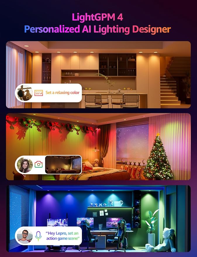 Lepro R2 AI 6 inch LED Recessed Light - Personalized AI Lighting Designer, Dimmable Wafer Lights RGBCW Sync with Music, Smart Canless Downlights Work Alexa & Google Assistant, 12W 1050 Lumen, 2-Pack