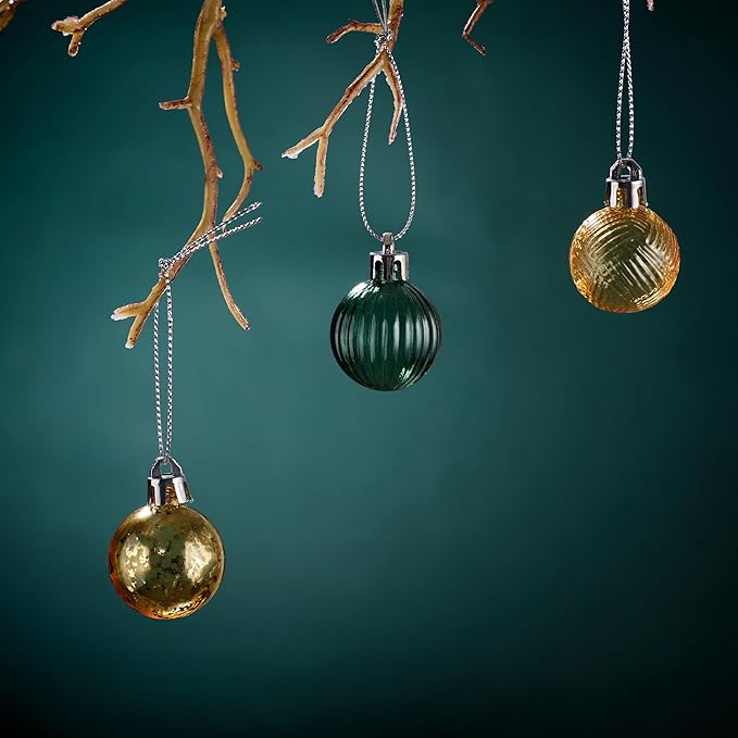 DecorbyHannah Mini Christmas Tree Ornaments, 35ct 1.18inches Green Gold Christmas Ball Ornaments for Tree Decorations, Small Clear Shatterproof Plastic Hanging Balls Bulk for Xmas, Party, Wedding