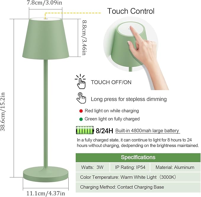 Ralaby IP54 Cordless Table Lamps Portable Rechargeable Battery Operated Lamp, Modern Aluminum Dimmable Indoor/Outdoor Cordless Desk Lamp for/Restaurant/Bar/Cafe/Bedroom (2 Pack,Green,4800mAh)
