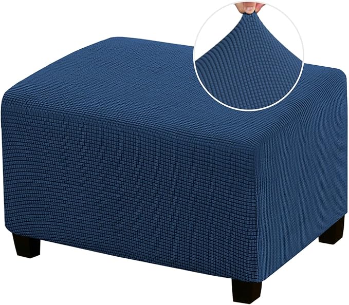 PrinceDeco Stretch Ottoman Cover Slipcovers Rectangle for Living Room Foot Stool Stretch Covers to Fit Ottoman Foot Rest, Thick Checked Jacquard Fabric with Elastic Bottom (Oversized Ottoman, Navy)