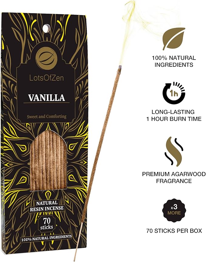 Vanilla Incense Sticks, 70 Pack – Hand-Rolled, 8-Inch Long, Long-Burning – Natural Vanilla Aroma for Meditation, Relaxation, and Calm Home Atmosphere