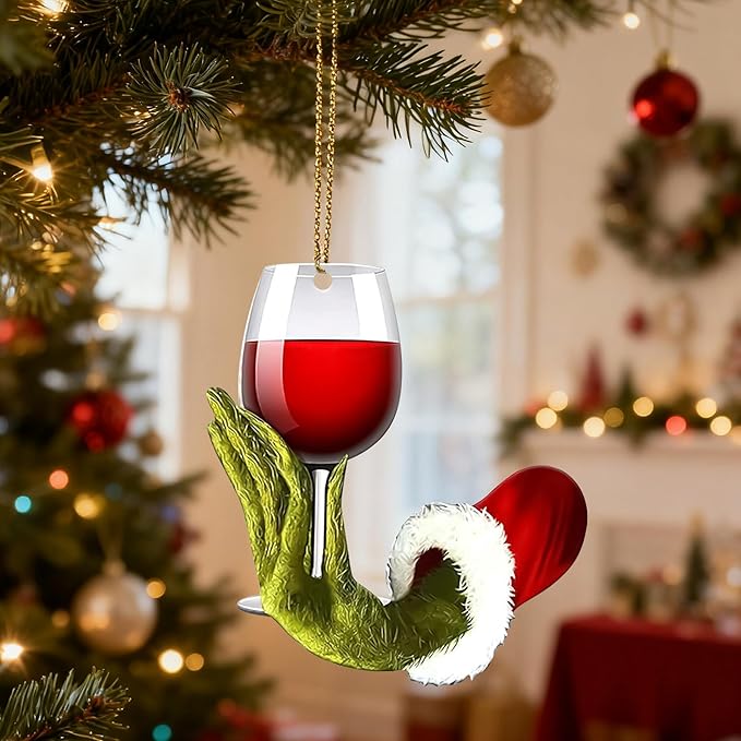 Wine Ornaments for Christmas Tree-2D Acrylic Wine Cup Green Hanging Decorations, Funny Christmas Ornaments,Unique Christmas Ornaments for Stocking Stuffers & Xmas Gifts