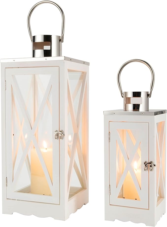 TRIROCKS Set of 2 Farmhouse Wood Candle Lantern 24.5'' &17.5'' H Decorative Candle Holders with Tempered Glass Rustic Hanging Lantern for Garden Patio Wedding Parties Indoor Outdoor(White Rectangle)
