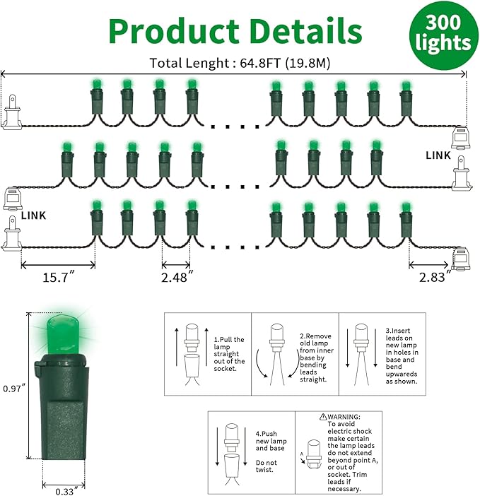 LAMPHOME Green Wide Angle LED Christmas Lights, 64.8 Ft 300 Count, Pack of 3 Strands 21.9 Ft 100 Lights UL Certified Commercial Grade Green Wire 5mm Holiday String Light