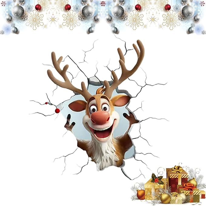 Christmas Creative Wall Sticker, 6 Pack 3D Santa Claus Christmas Wall Stickers, Funny Broken Wall Design Holiday Decals, Removable Peel & Stick Reusable for Door, Window & Refrigerator Decor (C, 3Pcs)