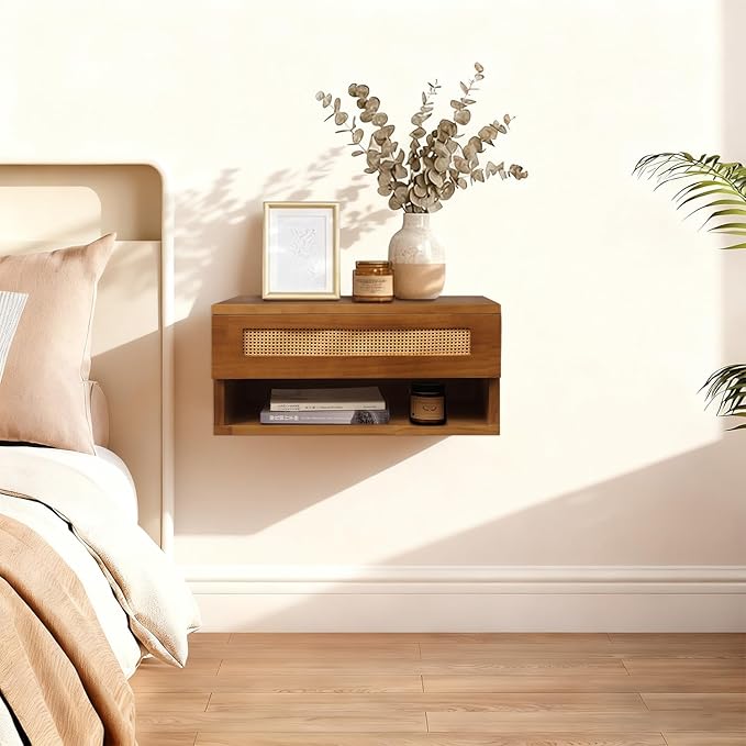 Floating Nightstand, Wall Mounted Rattan Bedside Bedroom Nightstand, with Storage Drawer and Modern Open Shelf Cubby, Minimalist and Unique Style 16”x 10”x 8” Brown