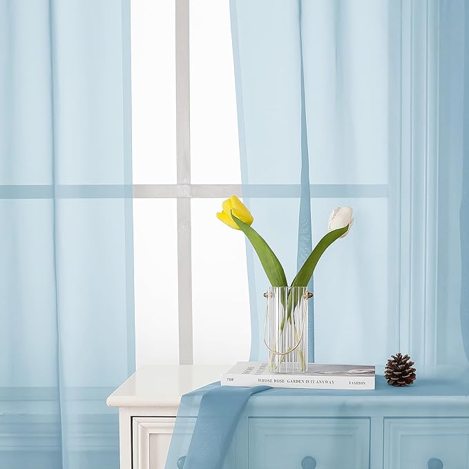 Lecloud Sky Blue Sheer Curtains for Bedroom 54 Inch Length 2 Panels, Durable & Soft Touch Solid Voile Curtain with Dual Rod Pockets, Bathroom/Kitchen/Living Room Window Gauzy Drapes, 40W x 54L