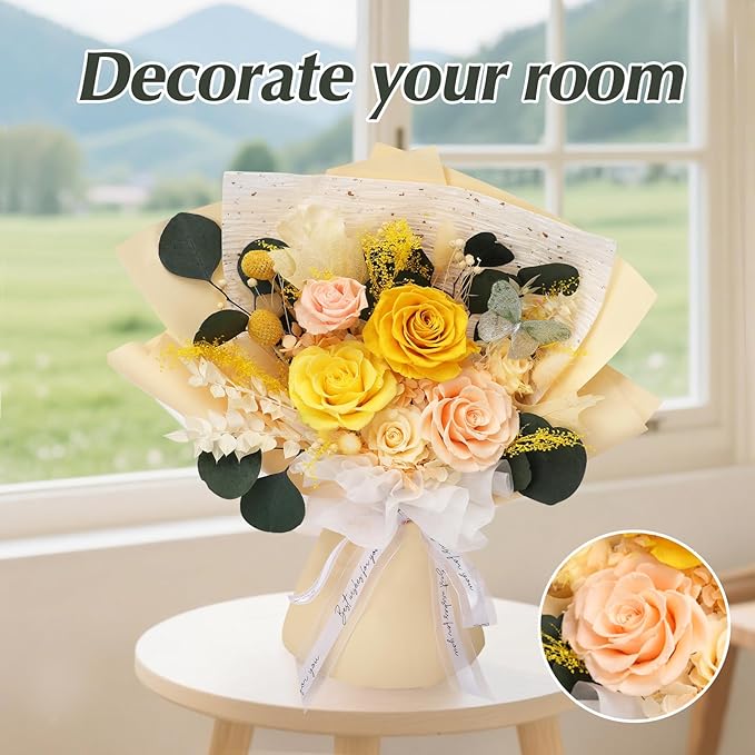 Casaido Preserved Flowers for Delivery, 6 Yellow Roses Bouquet, Birthday Gifts for Women, Christmas Rose Gifts for Mom Wife Girlfriend, Real Flowers for Valentines Day Anniversary