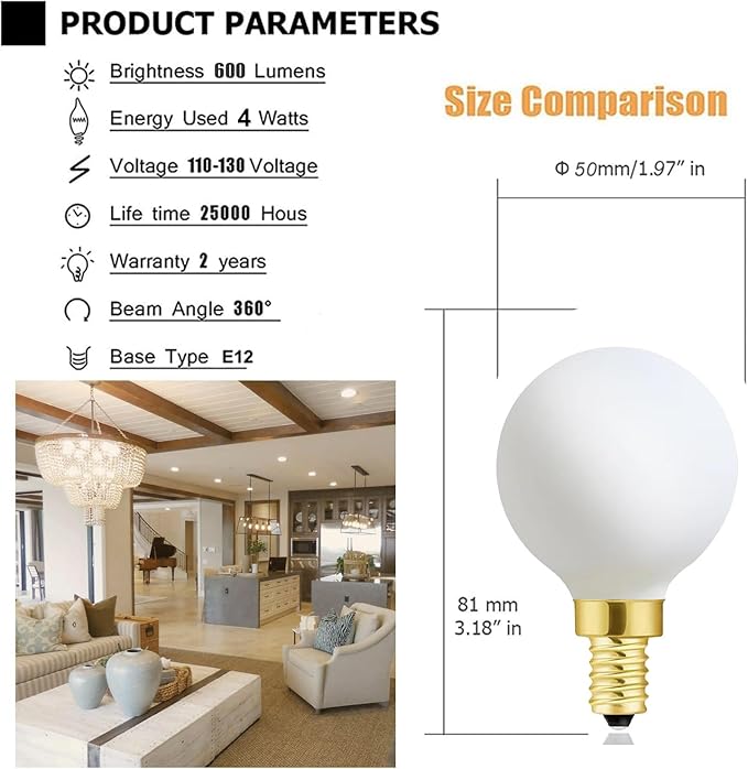 XININSUN Frosted G16.5 globe light bulb,e12 Round Candelabra Bulb 40 watt,4W Chandelier Light Bulbs,Milky White Candelabra LED Bulb,Dimmable,4W 3000K Soft White 400lm,6Pack