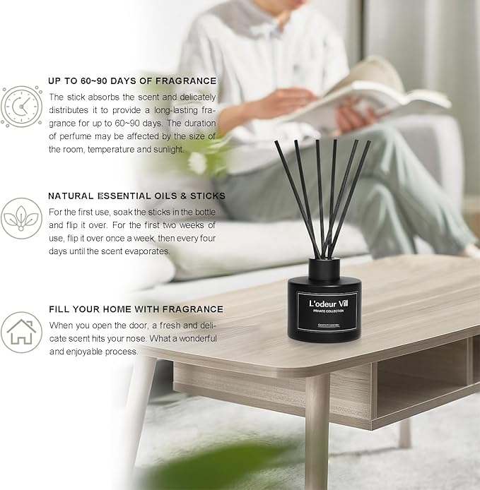 L'odeur Vill Reed Diffuser, 3.4oz(100ml) Lavender Geranium Diffuser Set with 6 Oil Diffuser Sticks, Matte Black Aroma Scent Diffuser, Long Lasting Home Fragrance for Bathroom Shelf Decor