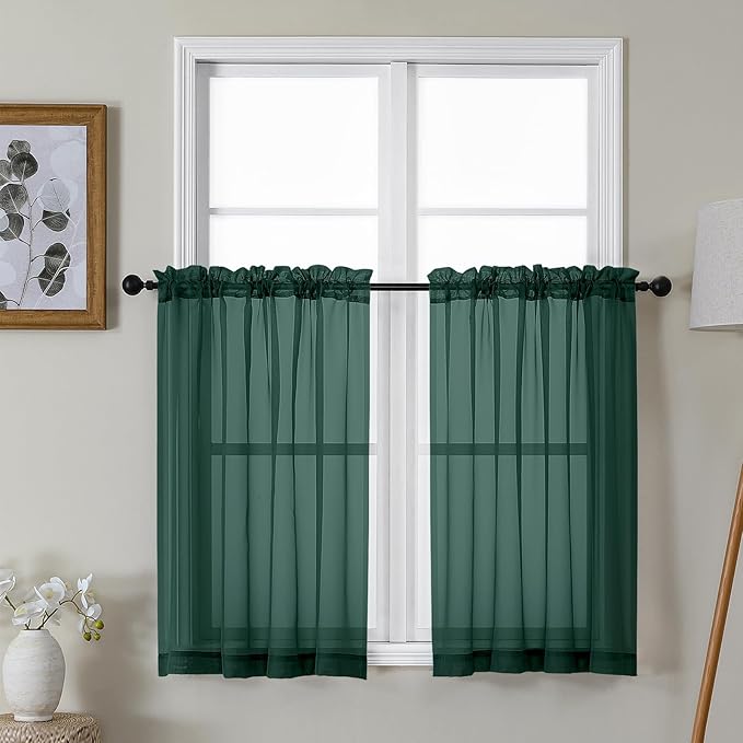 Gwine Hunter Green Sheer Kitchen Curtains 36 Inch Length, Light Filtering Voile Soft Airy Small Cafe Curtains, Short Window Curtain for Bathroom Basement, 42x36 inch, 2PCS
