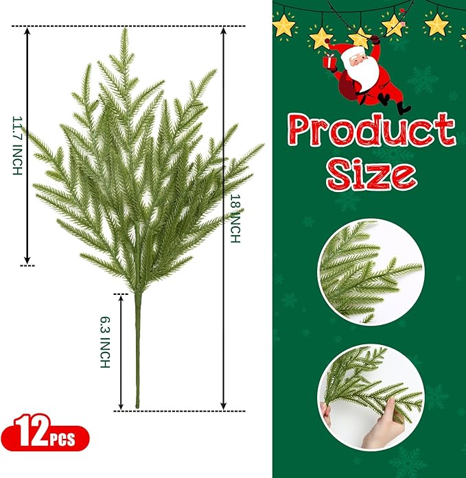 joyhalo 12 Pcs Norfolk Pine Stems, 18" Artificial Christmas Pine Branches Faux Greenery Stem Real Touch Cedar Stems for Vases, Christmas Trees and Outdoor Home Decor
